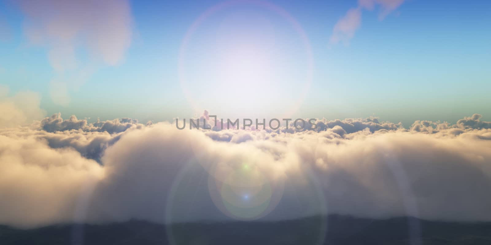 Beautiful aerial view above clouds with sunset. 3d illustration