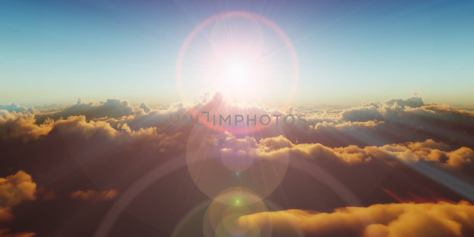 Beautiful aerial view above clouds with sunset. 3d illustration by alex_nako