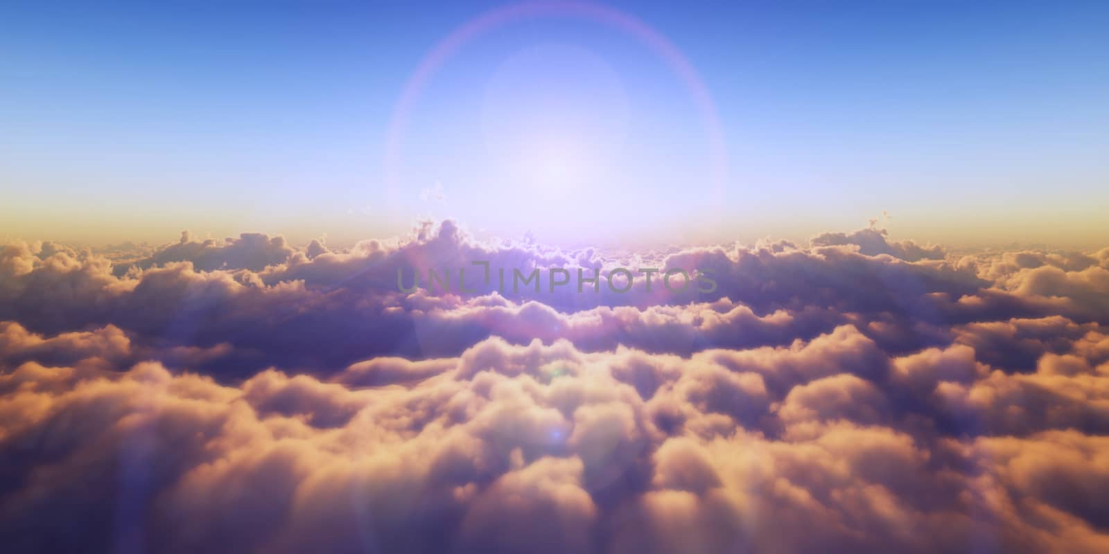 Beautiful aerial view above clouds with sunset. 3d illustration