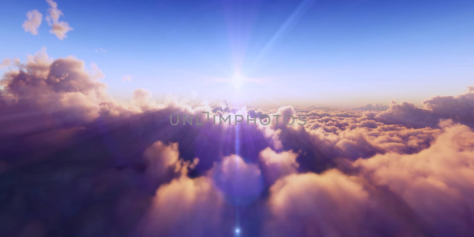 Beautiful aerial view above clouds with sunset. 3d illustration