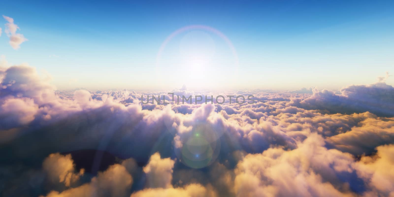 Beautiful aerial view above clouds with sunset. 3d illustration