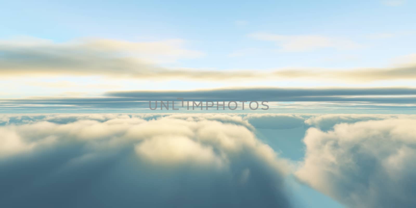 Beautiful aerial view above clouds with sunset. 3d illustration by alex_nako