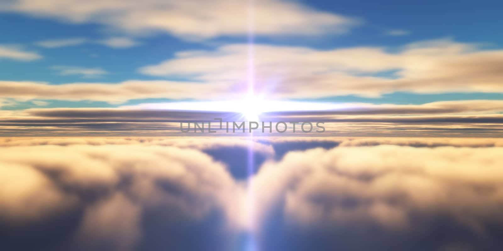 Beautiful aerial view above clouds with sunset. 3d illustration