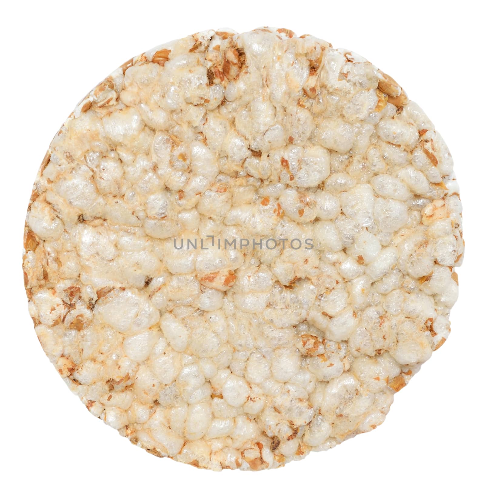 Slice of crispbread close up top view isolated on white background.