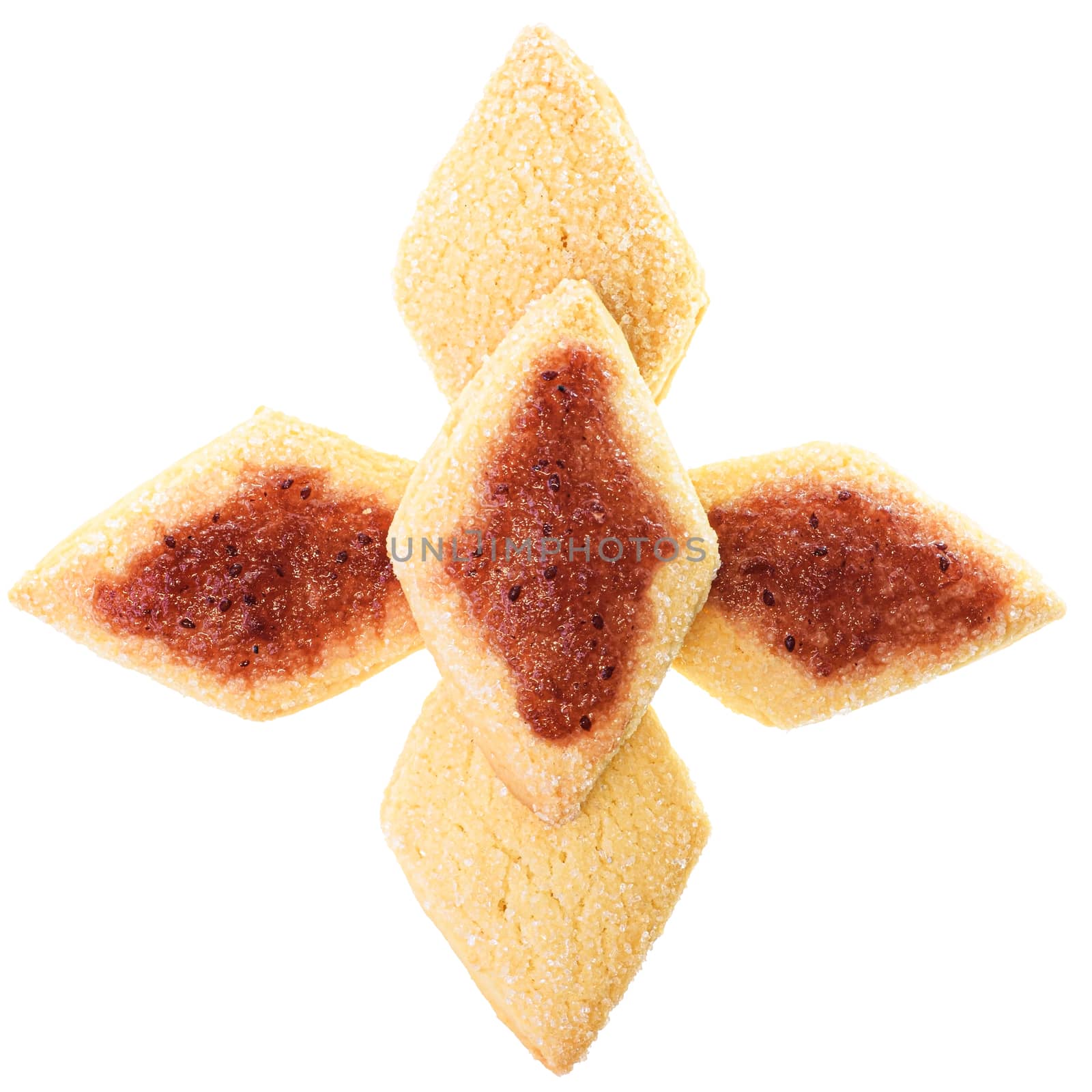 Homemade shortbread cookies with strawberry jam top view isolated on white background.