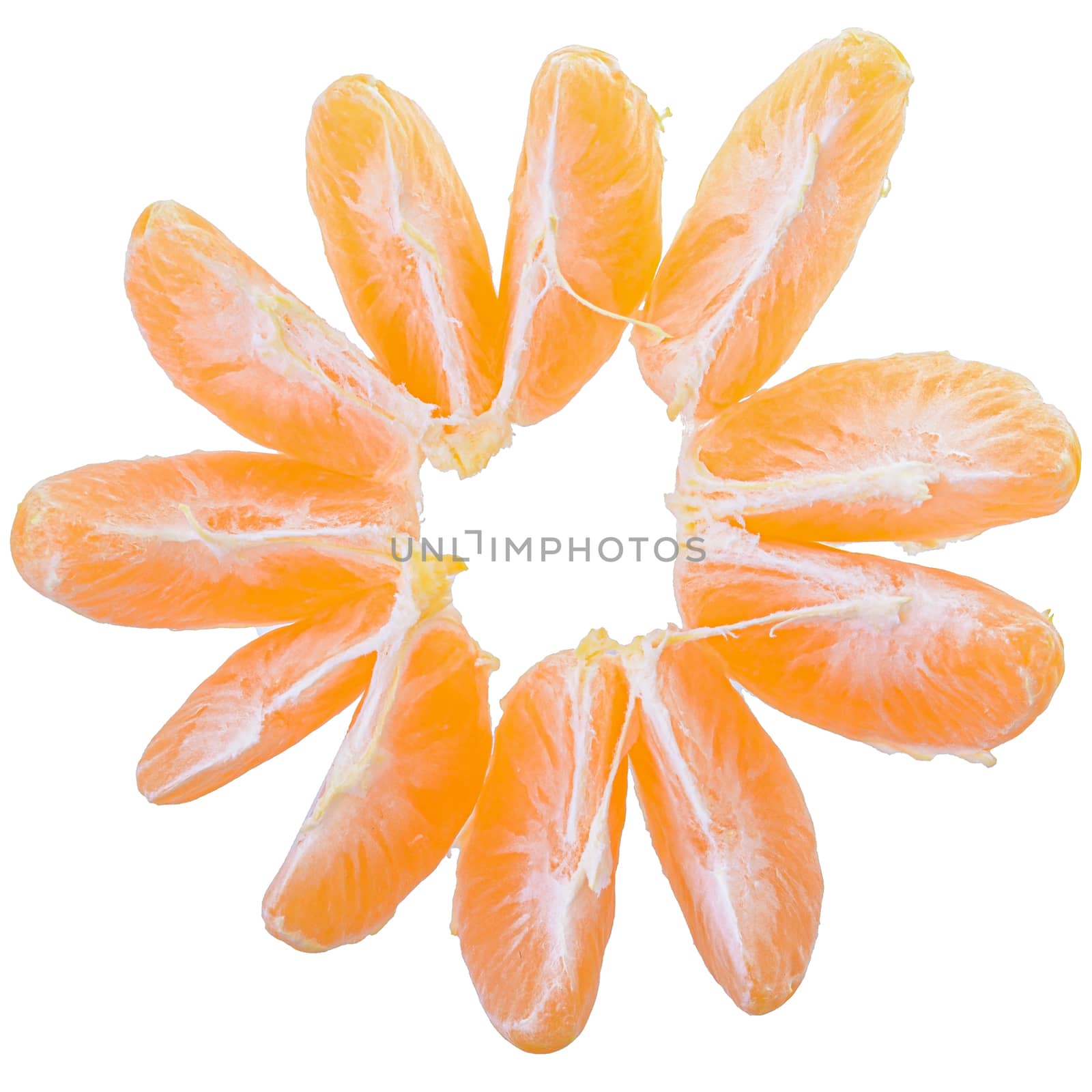 Ripe cut and slice tangerines top view isolated on a white background