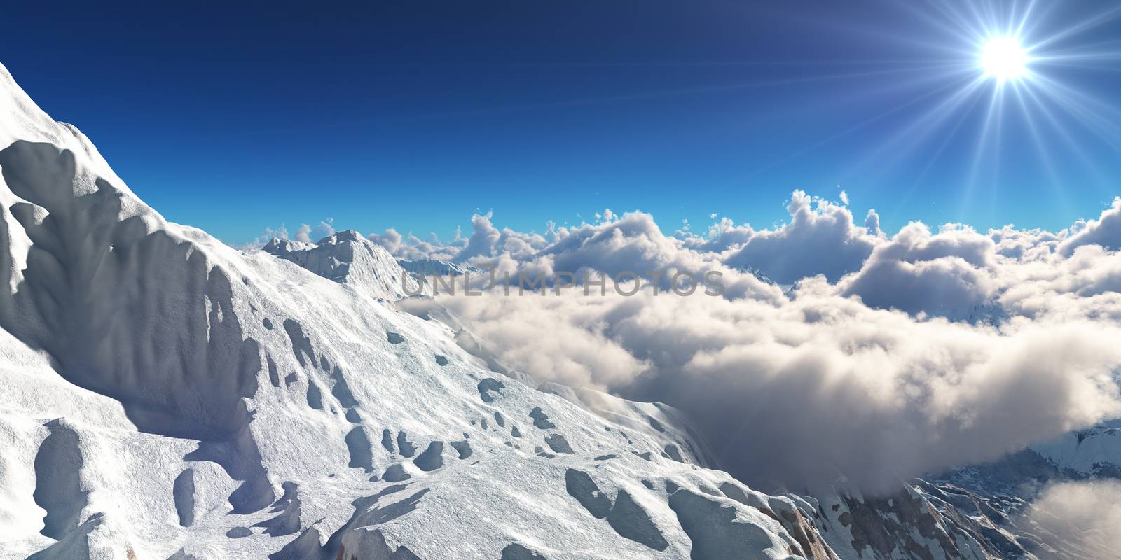 Mountain panorama over the clouds. Computer generated 3D illustration