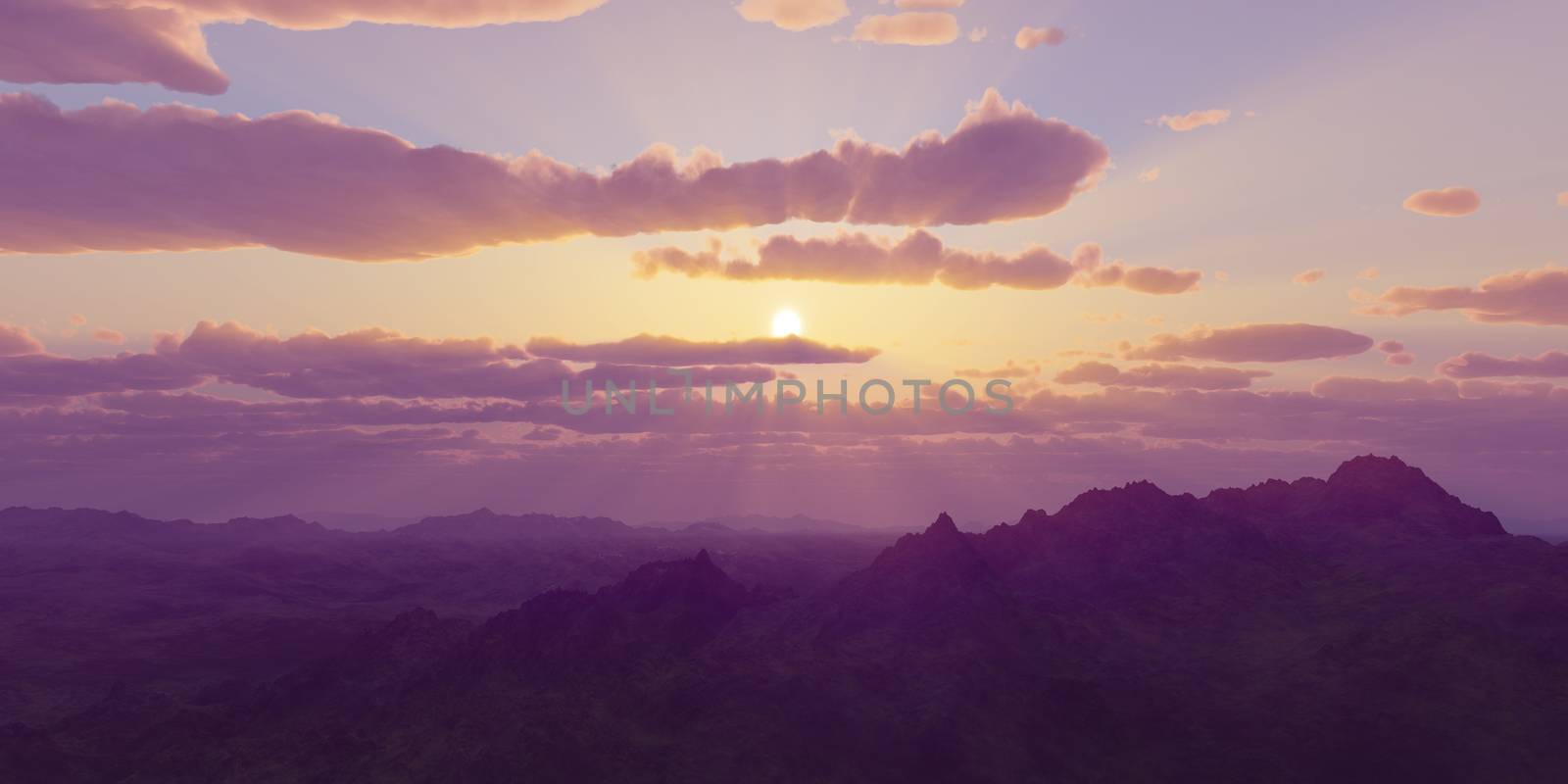Mountain panorama over the clouds sunset. Computer generated 3D illustration