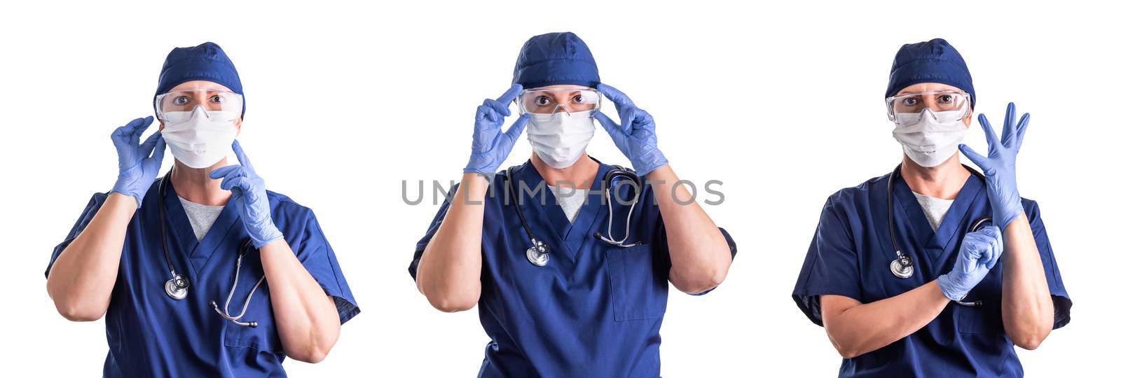 Set of Doctors or Nurses Wearing Personal Protective Equipment Isolated on White Background.