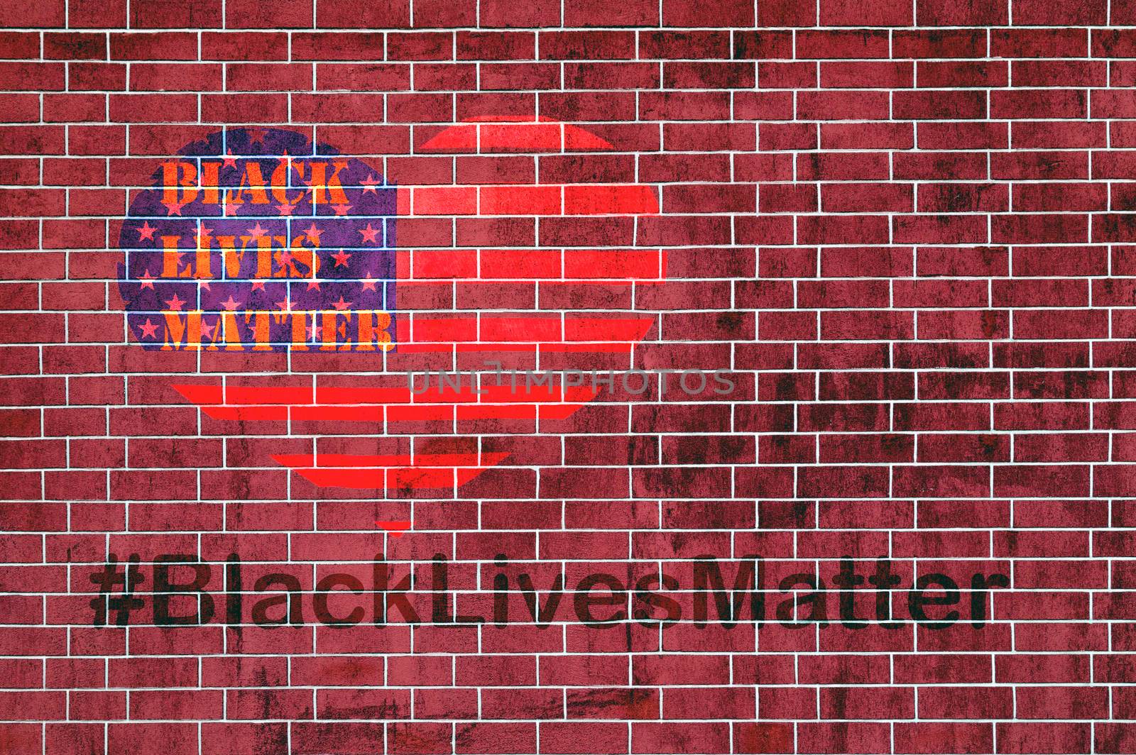Black Lives Matter slogan hashtag liberation banner protestors heart stencil on American flag USA city street brick red vintage background