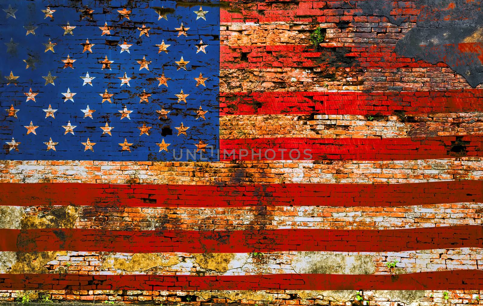 United States of America Flag of the USA brick wall background red urban cracked building