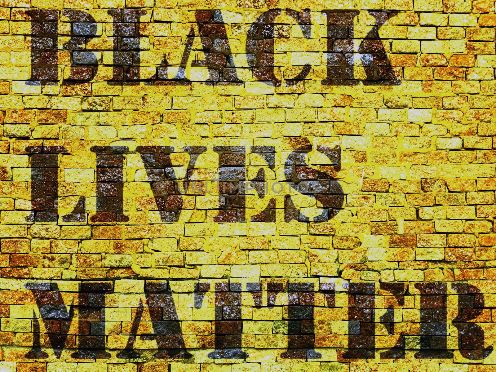 Black Lives Matter slogan protestors anti Black racism african American yellow stencil pattern facade texture of stained old brick wall background, grungy rusty blocks of stone-work