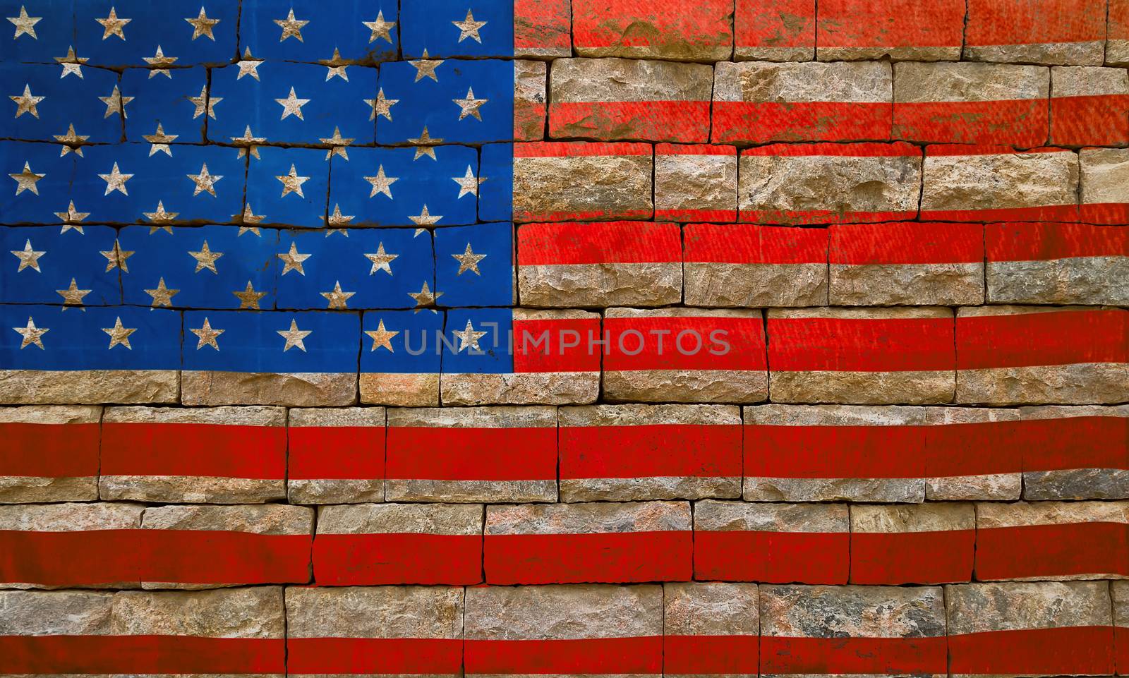 Old brick wall background texture stone Flag of the United States of America USA