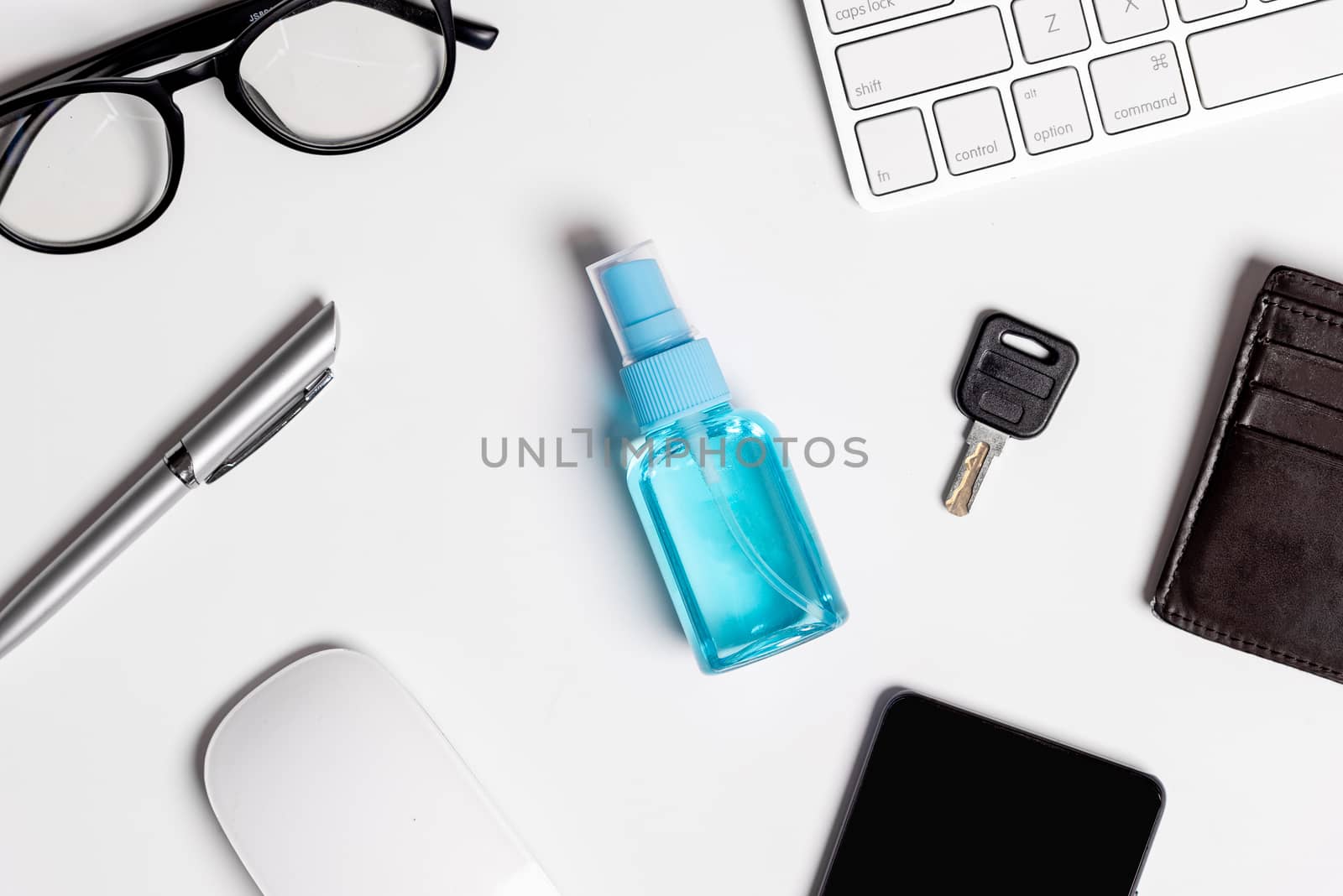 The cleaner gel for cleaning eyeglasses, pen, keyboard, mouse, wallet, key, and mobile Isolated on white background concept.