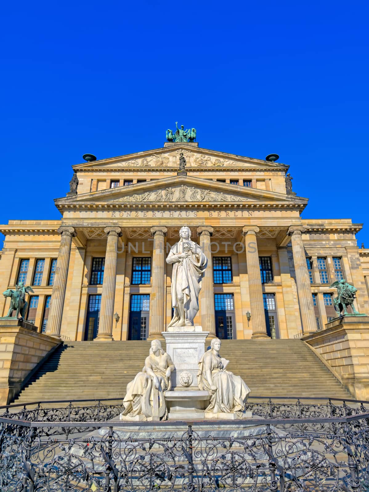 The Gendarmenmarkt square in Berlin, Germany which houses the Berlin Concert Hall (Konzerthaus) and the French and German Churches.