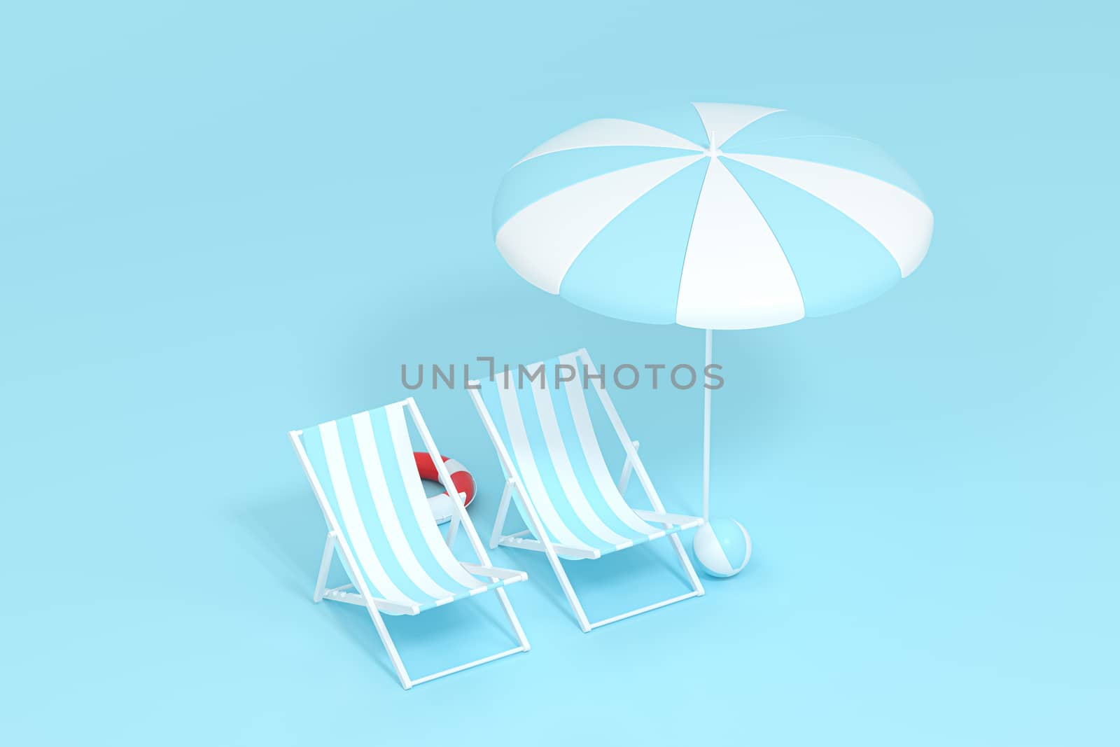 Sunshade, beach chair with blue background, 3d rendering. Computer digital drawing.