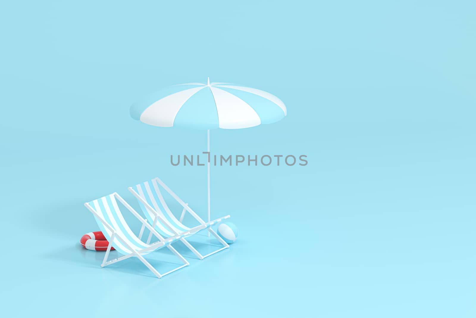 Sunshade, beach chair with blue background, 3d rendering. Computer digital drawing.