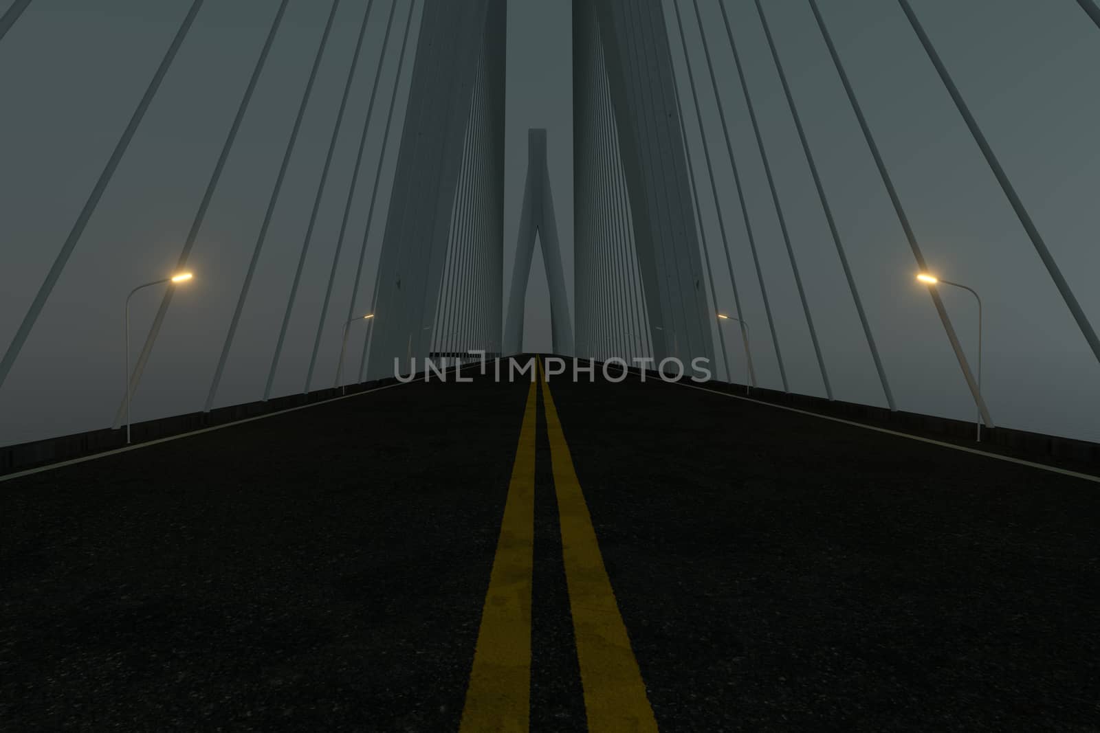 Asphalt road on the suspension bridge at night, 3d rendering. Computer digital drawing.