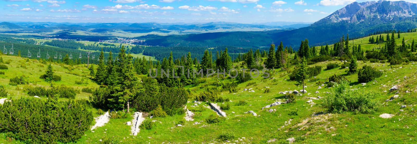 Panoramic landscape view and a ski lift in Durmitor National Park, Northern Montenegro