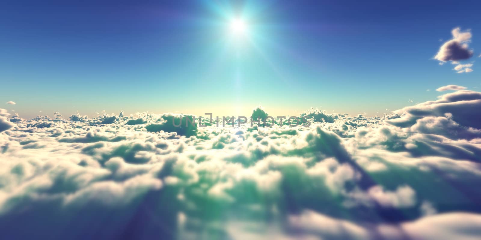 fly above clouds sunset landscape, 3d render illustration