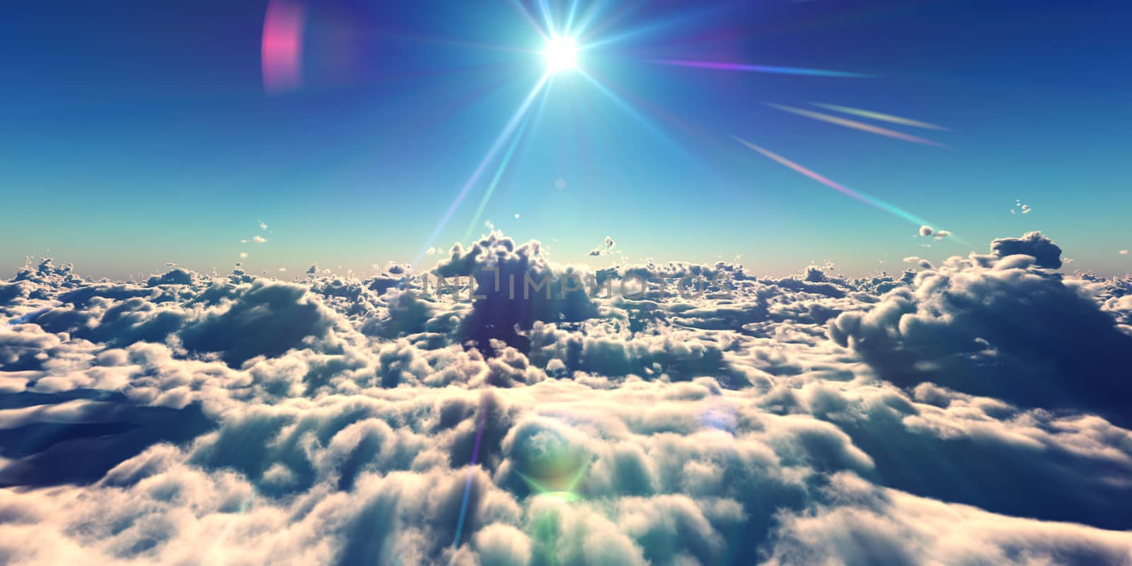 fly above clouds sunset landscape, 3d render illustration