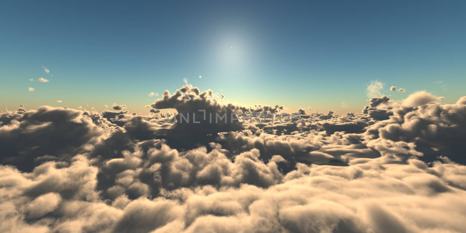 fly above clouds sunset landscape, 3d render illustration