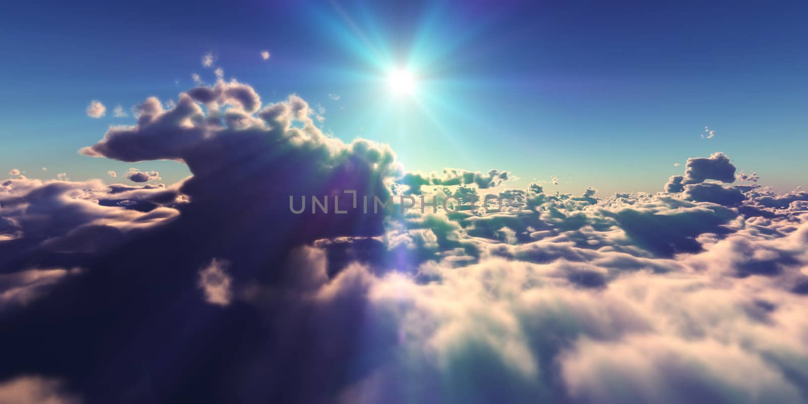 fly above clouds sunset landscape, 3d render illustration