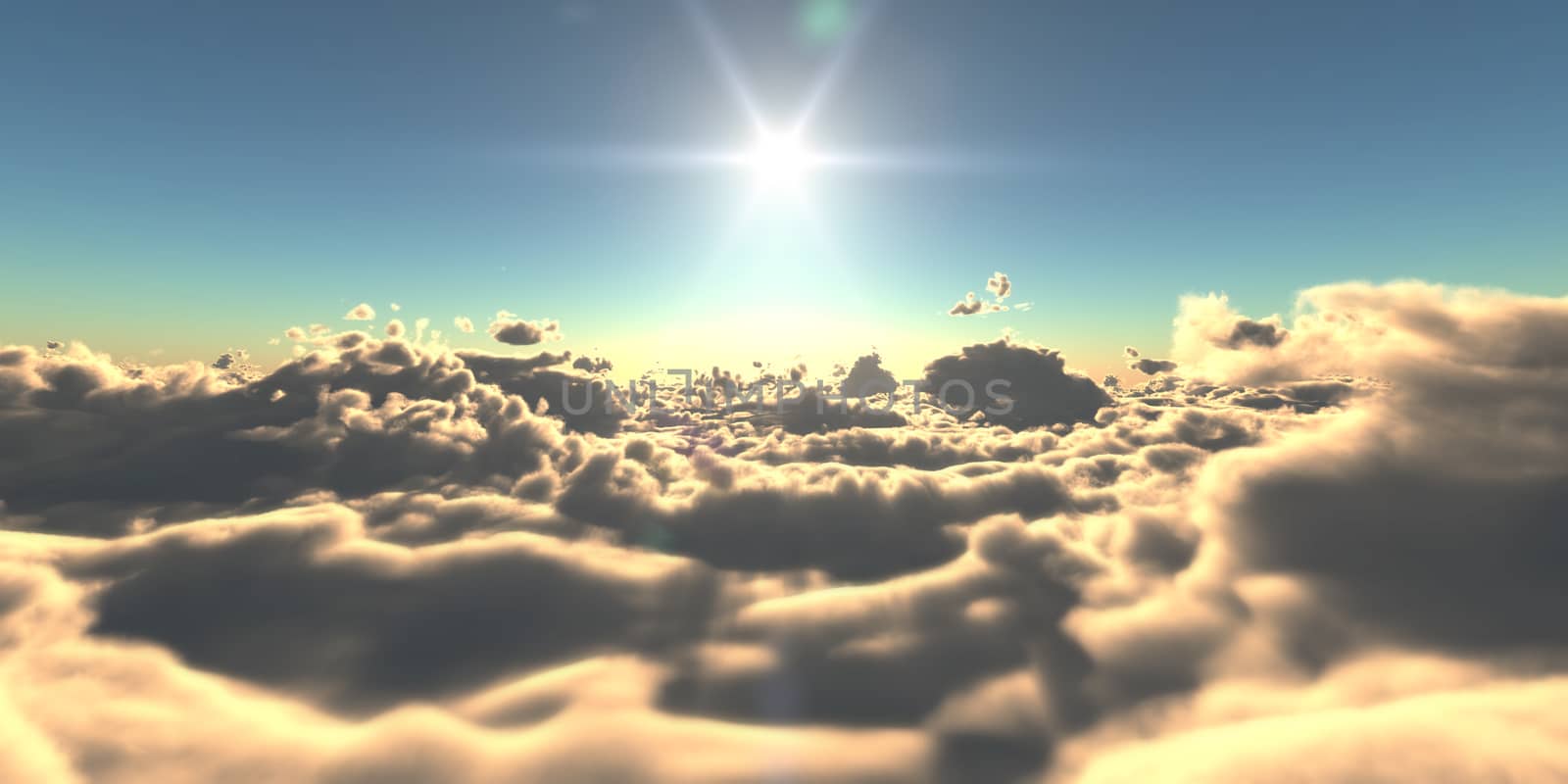 fly above clouds sunset landscape, 3d render illustration