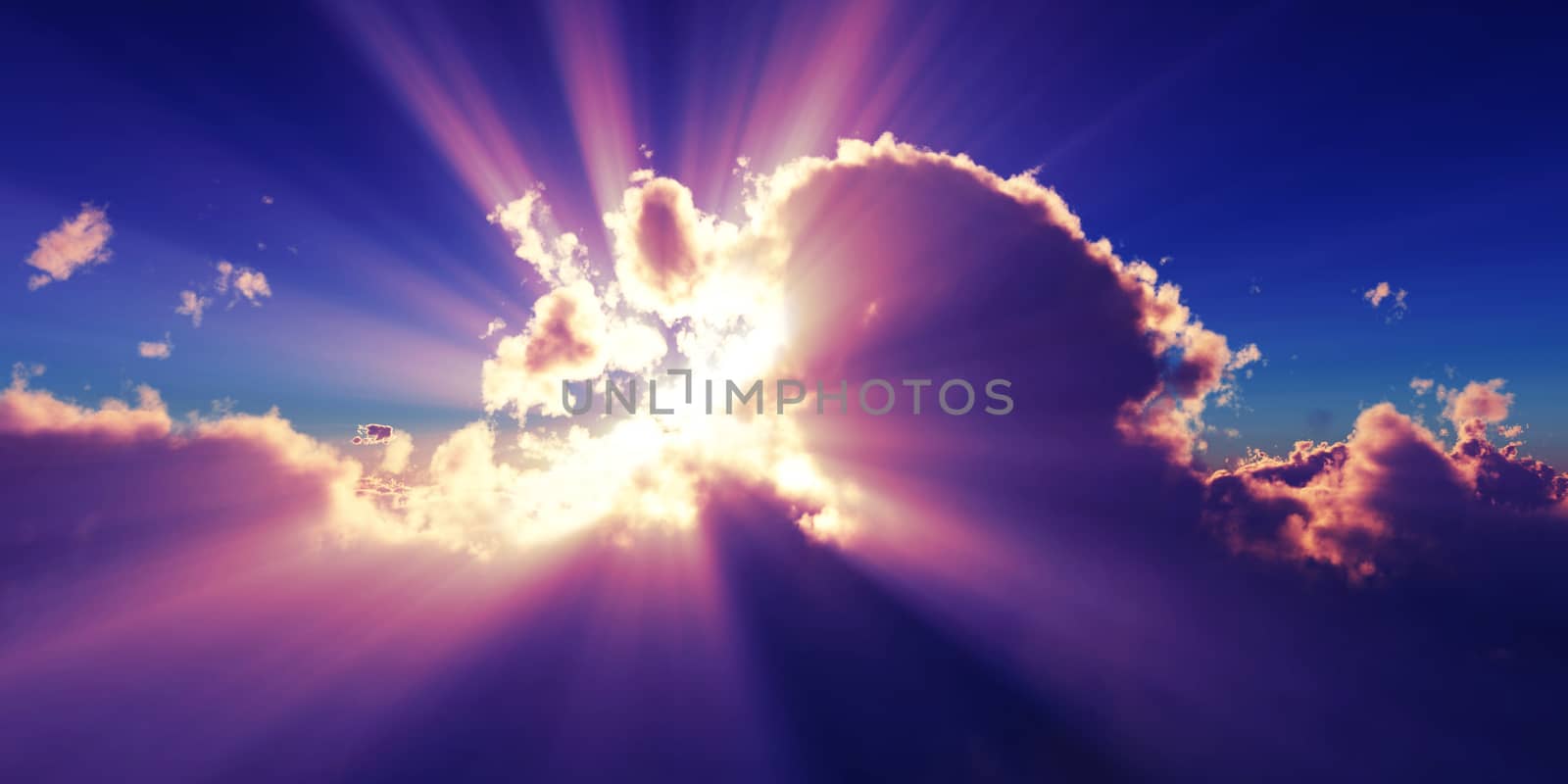 above clouds sun ray sunset. 3d render illustration