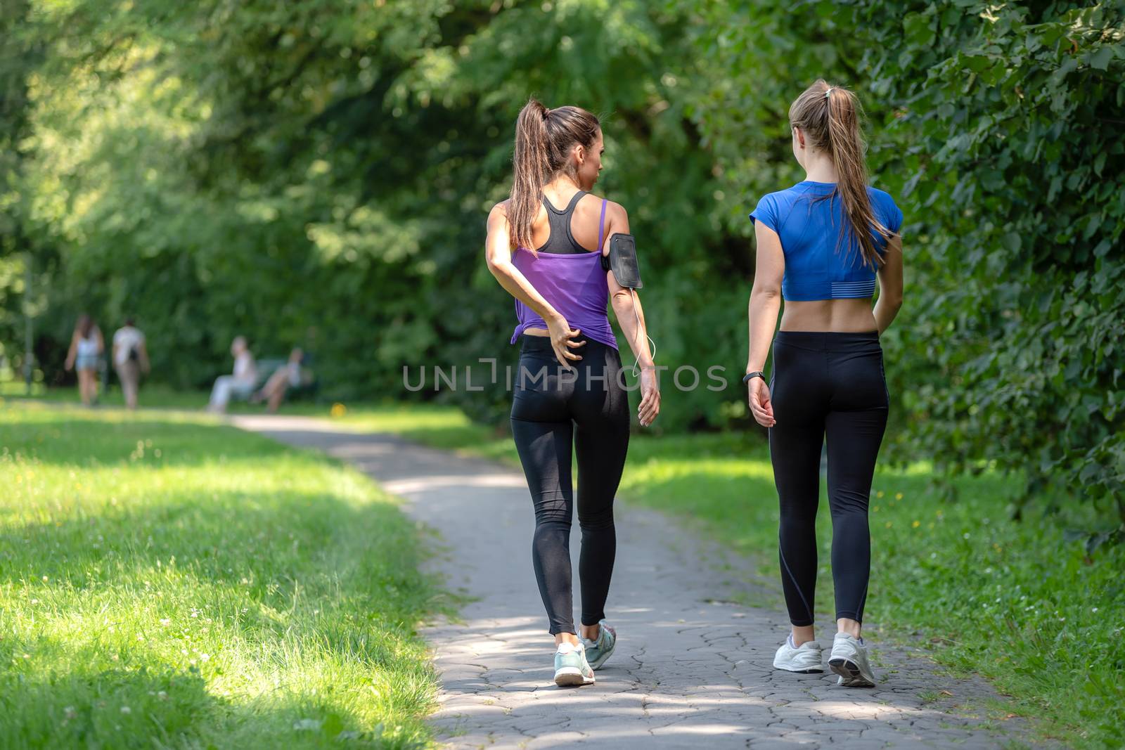 Back view of two attractive fitness girls going on a jogging in a public park on a sunny morning
