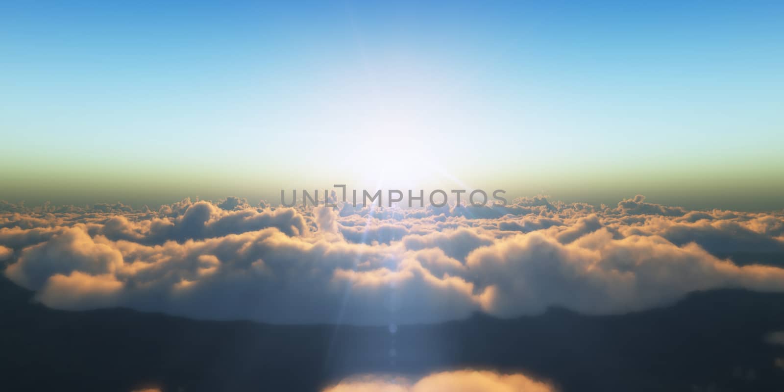 Beautiful aerial view above clouds with sunset. 3d illustration by alex_nako