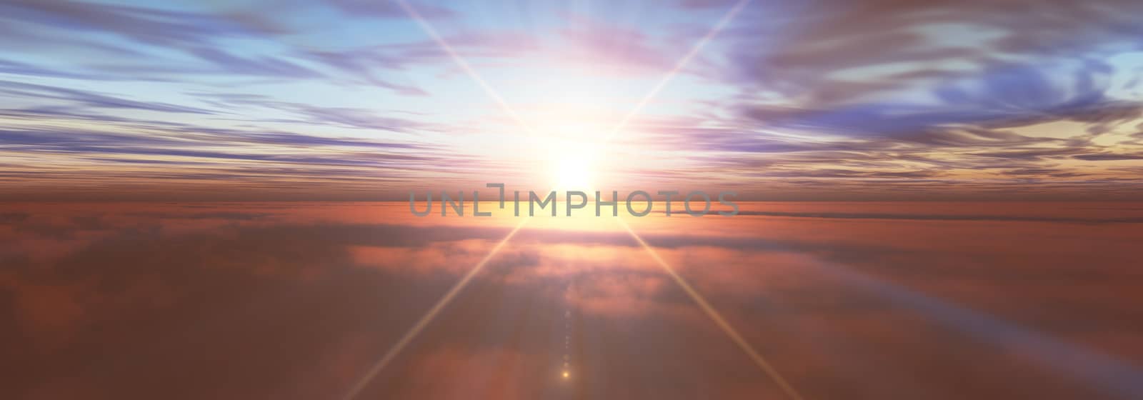 fly above clouds sunset landscape, 3d render illustration