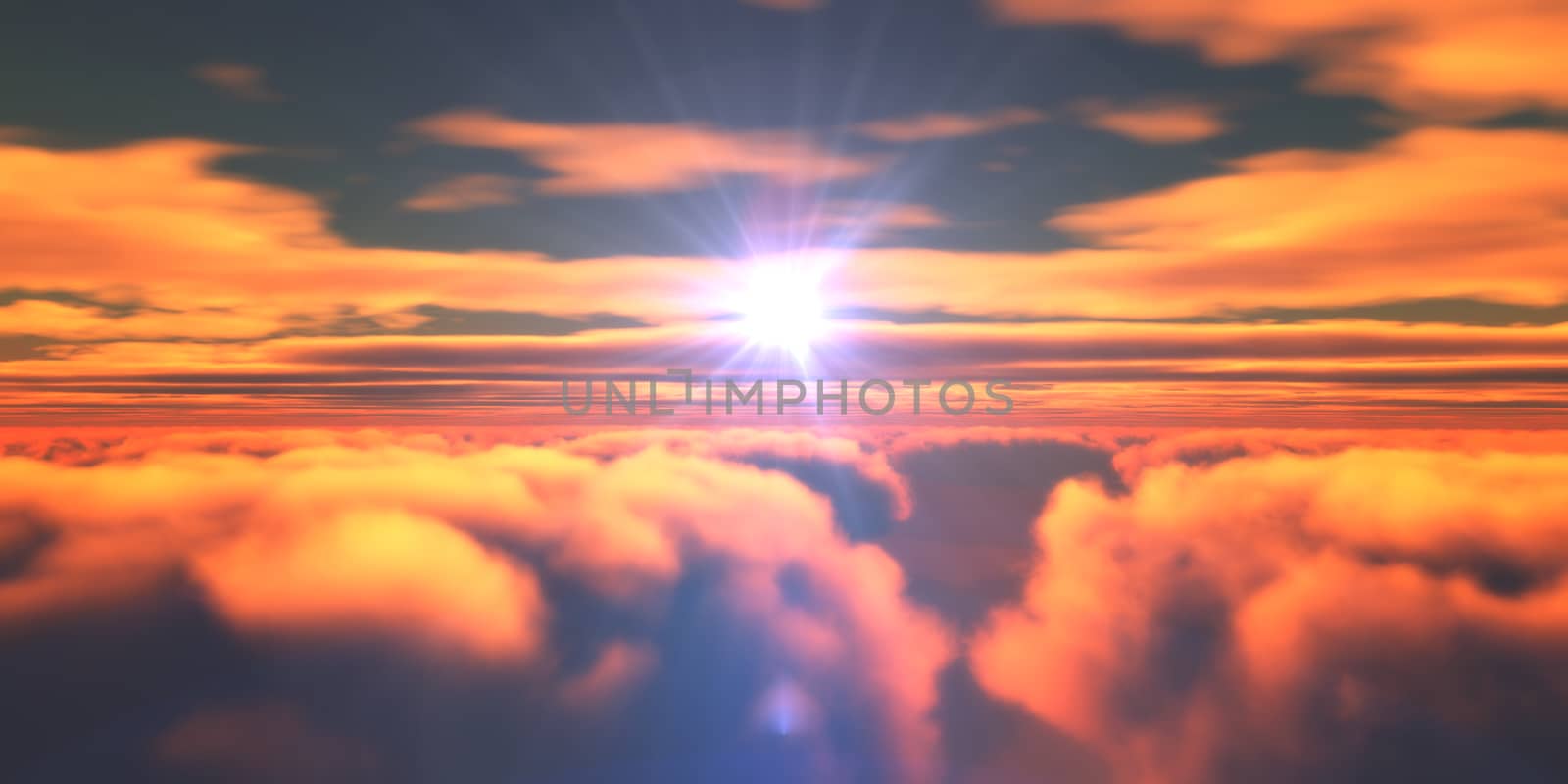 Beautiful aerial view above clouds with sunset. 3d illustration by alex_nako