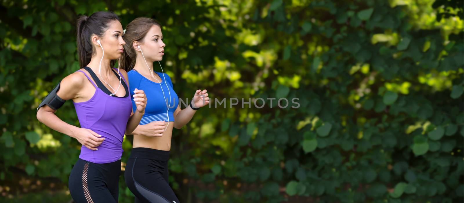 Healthy lifestyle banner - two beautiful fitness girls are jogging in the park on a greenery background (copy space)