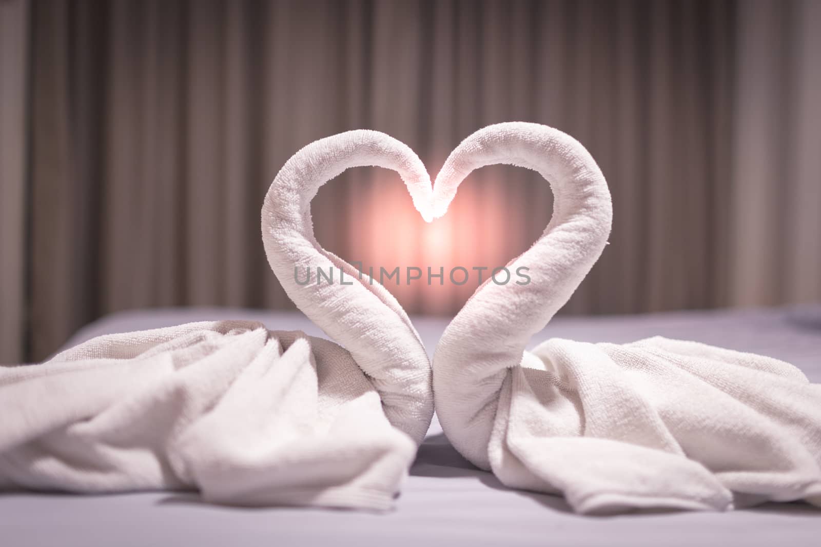 Towel is made of a white swan in the bed detail art blur