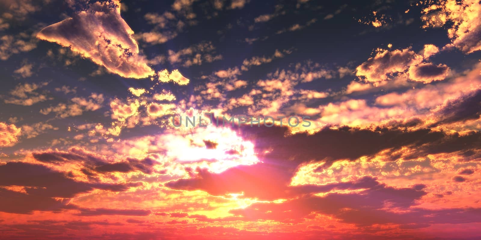 Sunset / sunrise with clouds, light rays and other atmospheric effect, 3d illustration