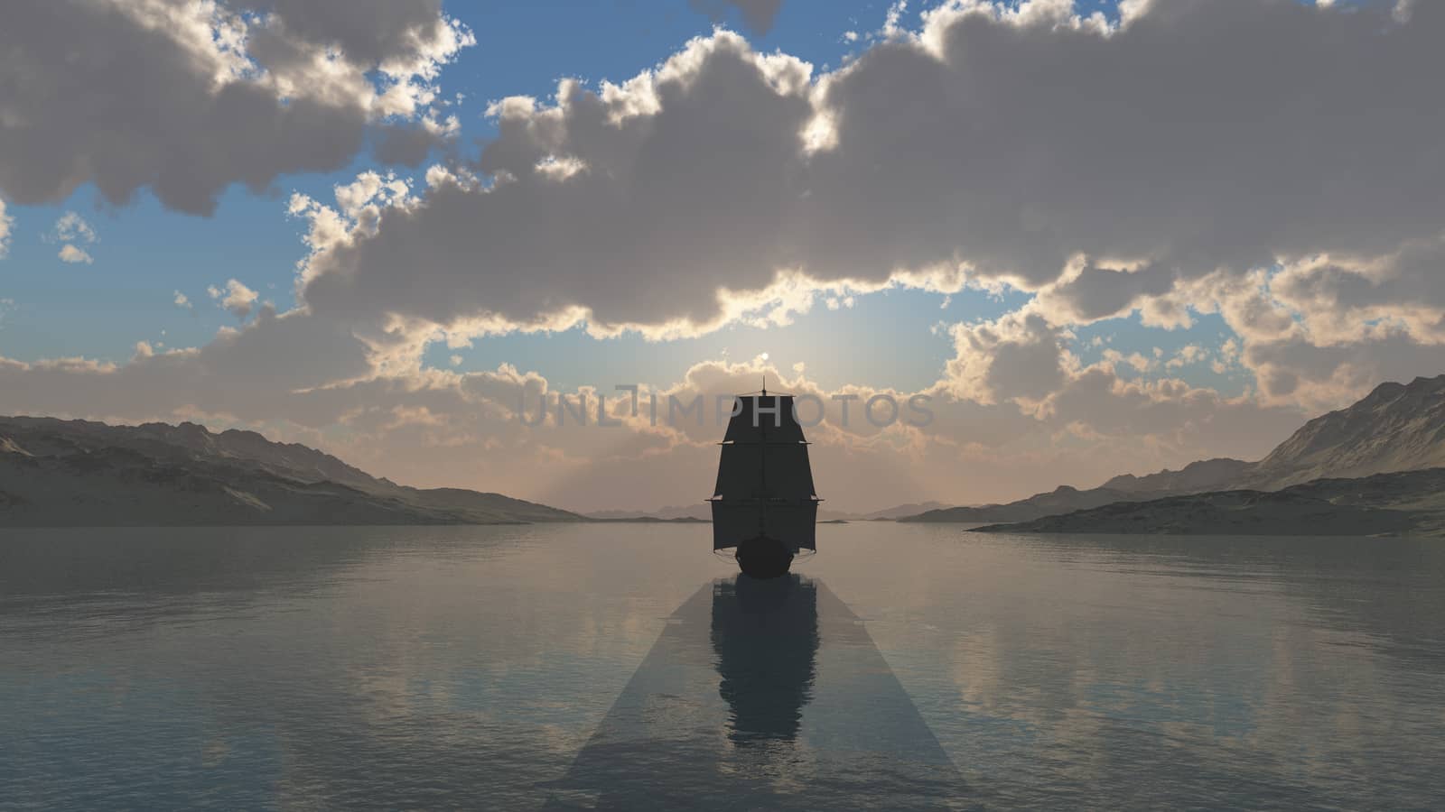 old ship at sea sunset, 3d render illustration