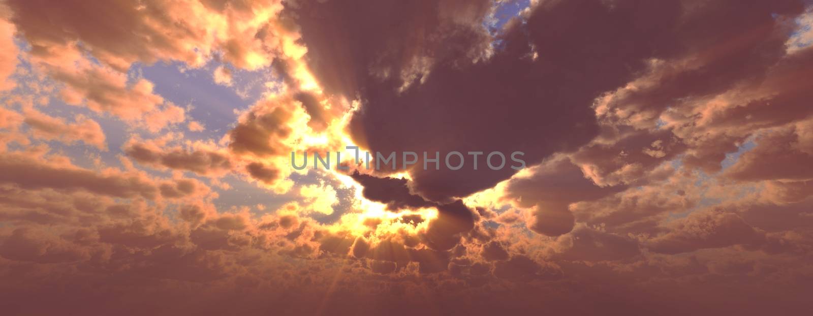 Sunset / sunrise with clouds, light rays and other atmospheric effect, 3d illustration by alex_nako