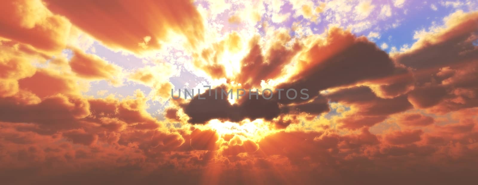 Sunset / sunrise with clouds, light rays and other atmospheric effect, 3d illustration by alex_nako