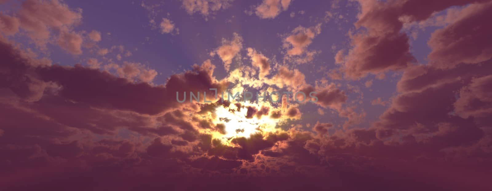 Sunset / sunrise with clouds, light rays and other atmospheric effect, 3d illustration by alex_nako