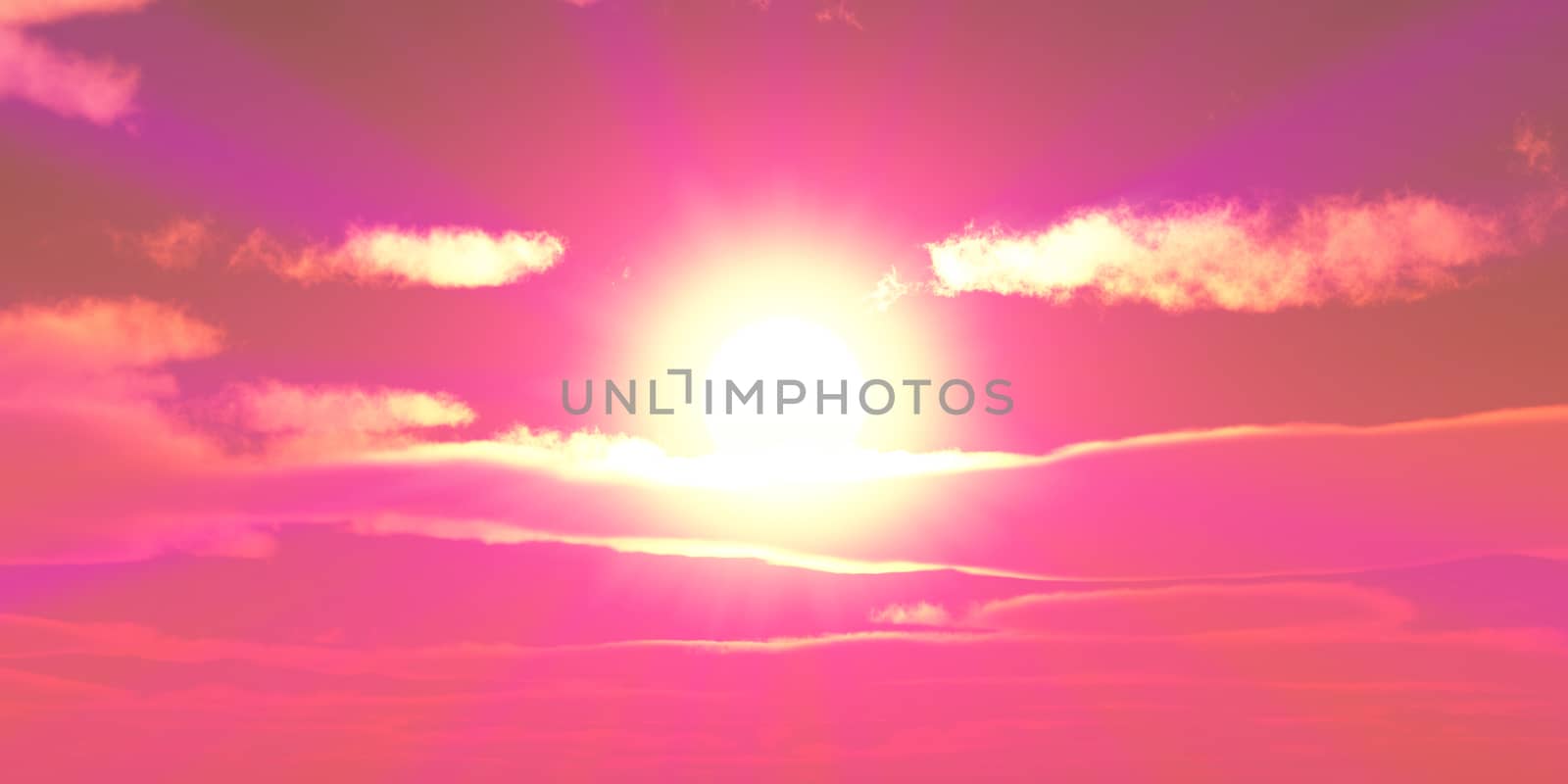 Big sun sky at beautiful sunset, 3d render illustration