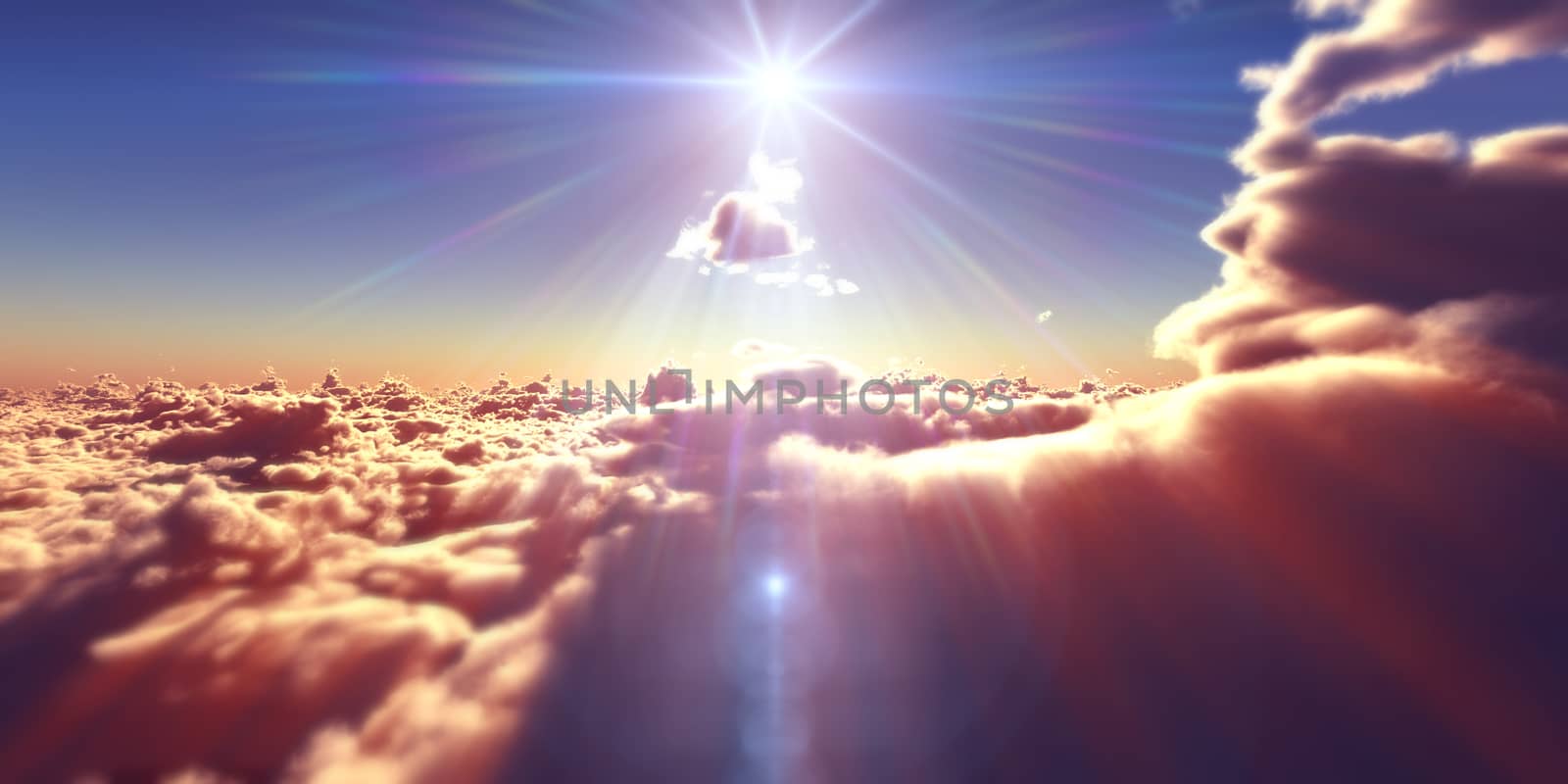 fly above clouds sunset landscape, 3d render illustration