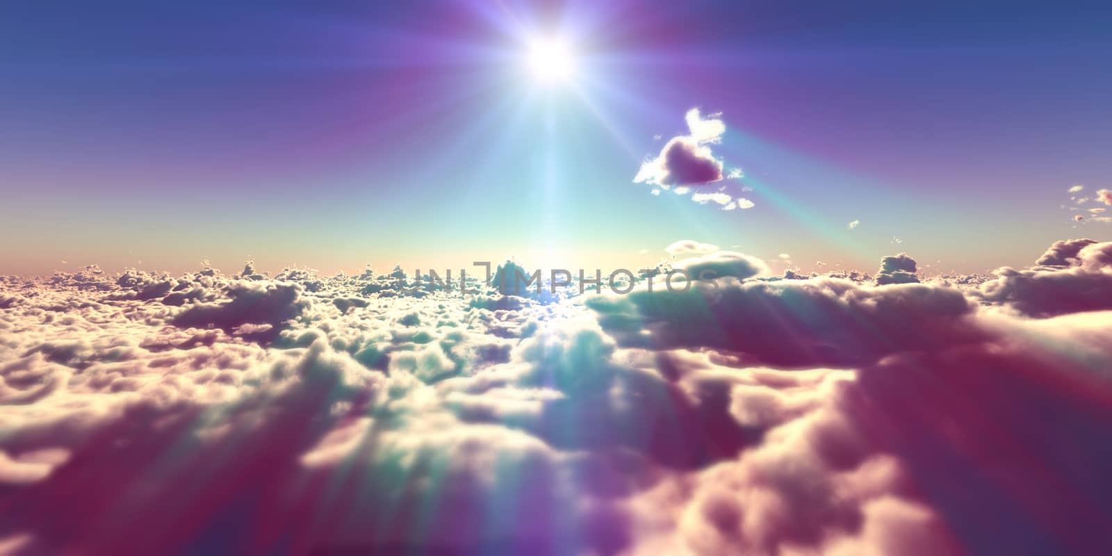 fly above clouds sunset landscape, 3d render illustration