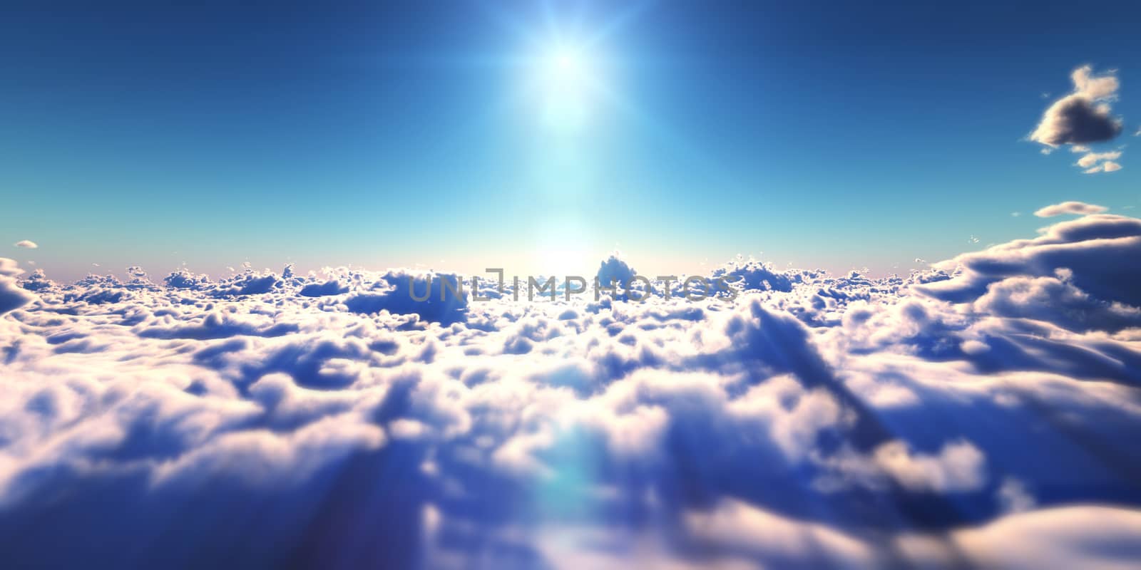 fly above clouds sunset landscape, 3d render illustration