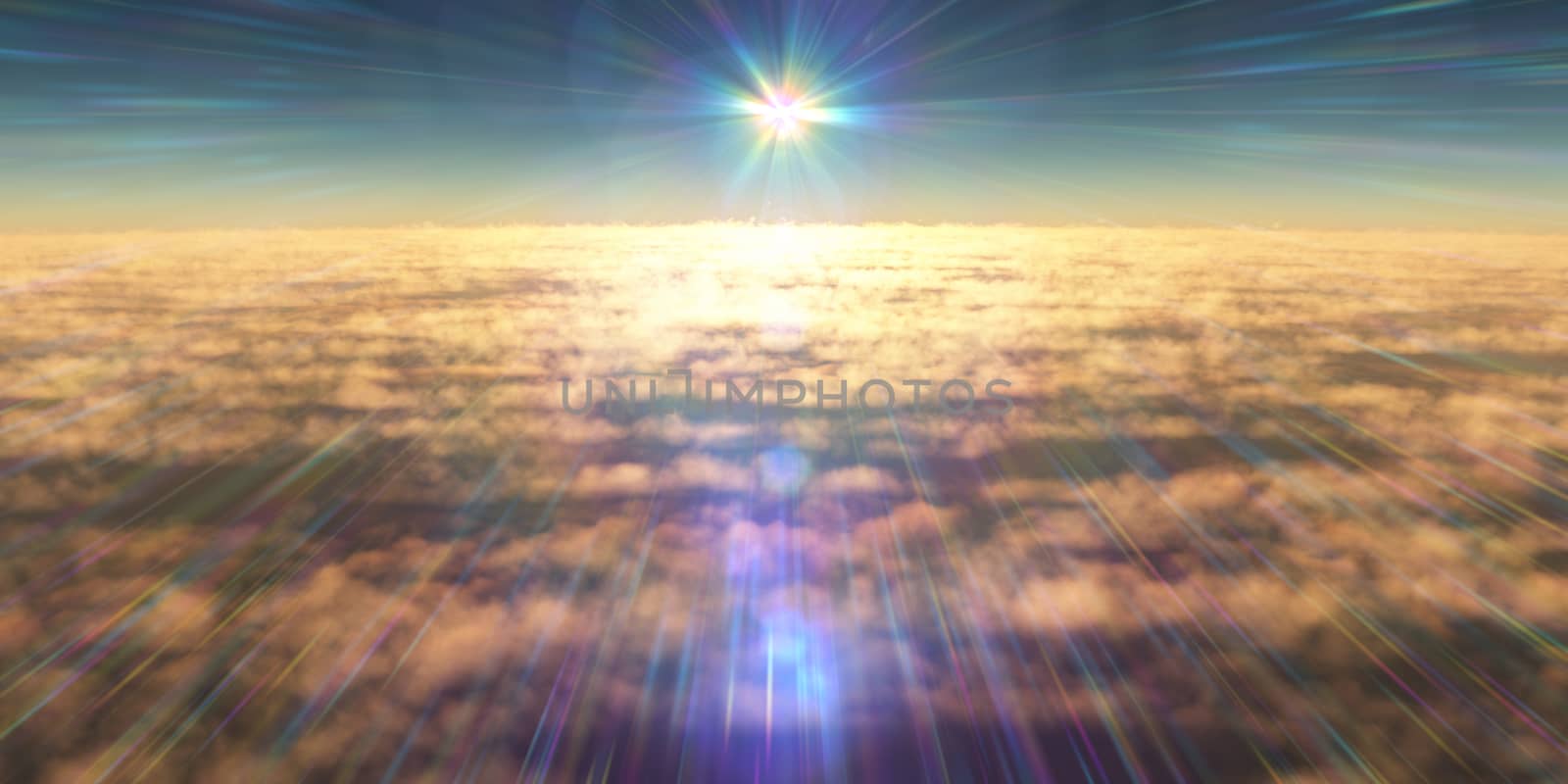 fly above clouds sunset landscape, 3d render illustration