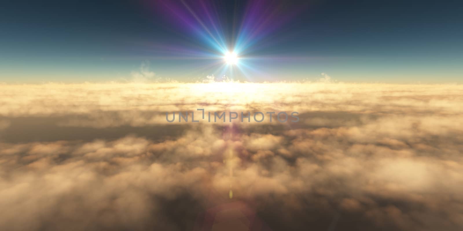 fly above clouds sunset landscape, 3d render illustration