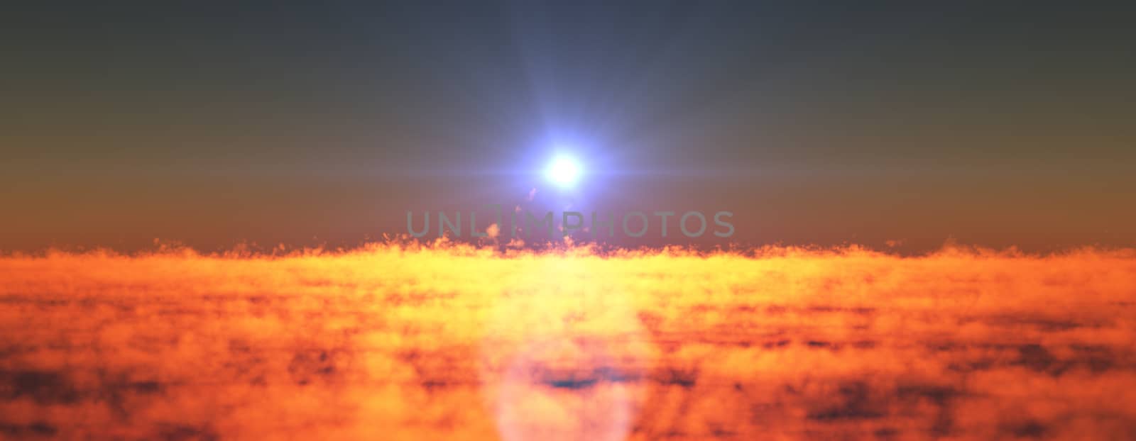 fly above clouds sunset landscape, 3d render illustration