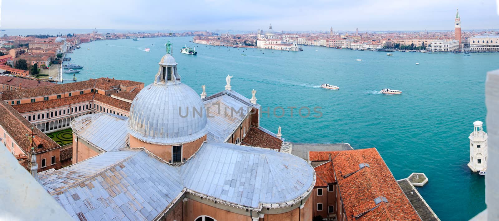 The Church of San Giorgio Maggiore, and a view of Venice and the Lido. Venice, Veneto, Italy