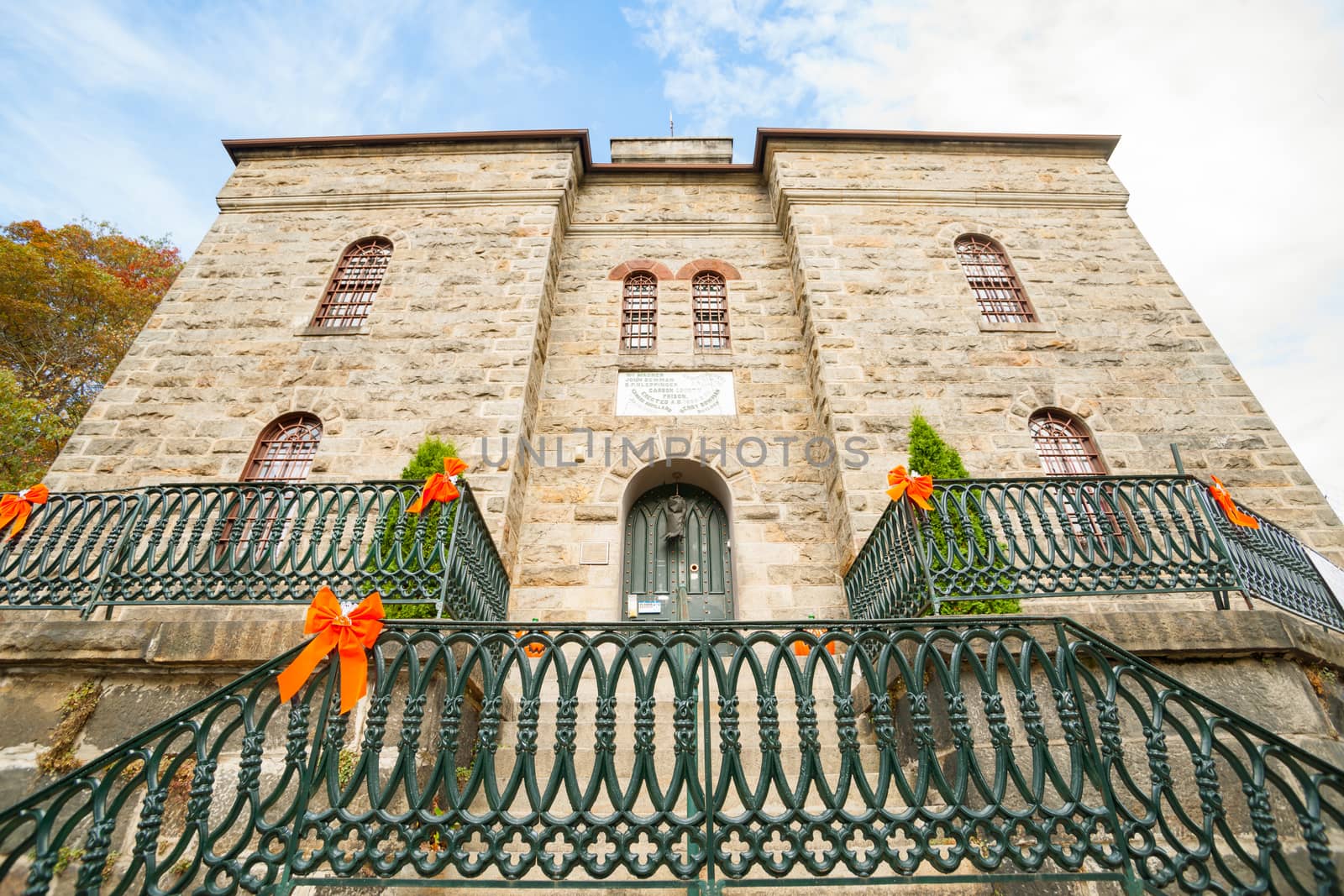 Looking upwards to entrance and facade of Carbon County Prison h by brians101