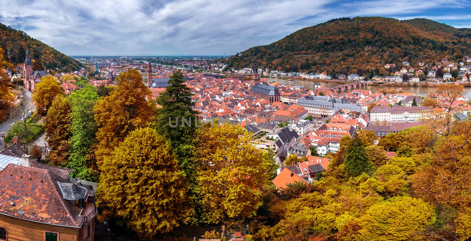 View on Heidelberg in autumn with red foliage including Carl Theodor Old Bridge, Neckar river, Church of the Holy Spirit, Germany